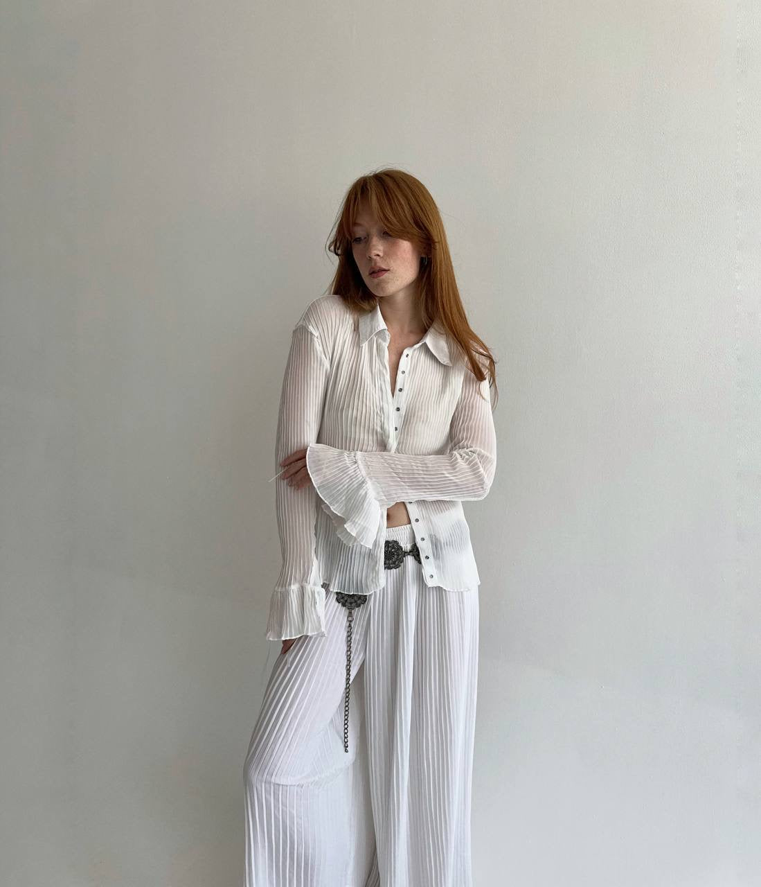 Vintage semi white pleated blouse
