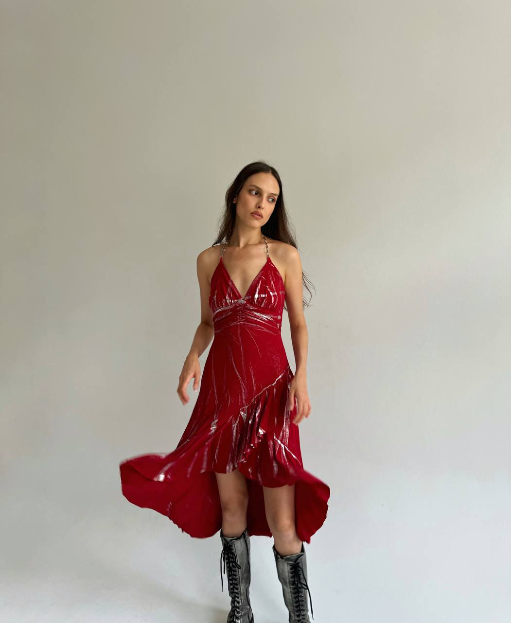 Vintage asymmetrical red dress with metallic details and crystal chain strap