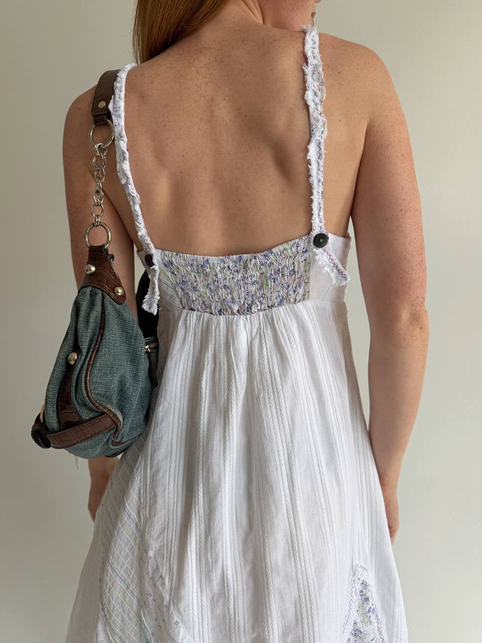 Vintage asymmetrical cotton dress with abstract embroidery