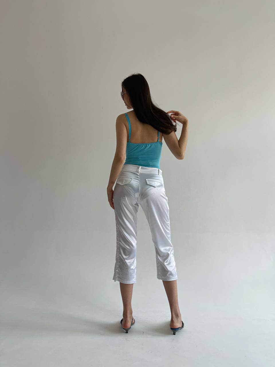 Vintage white satin capris with side gathering