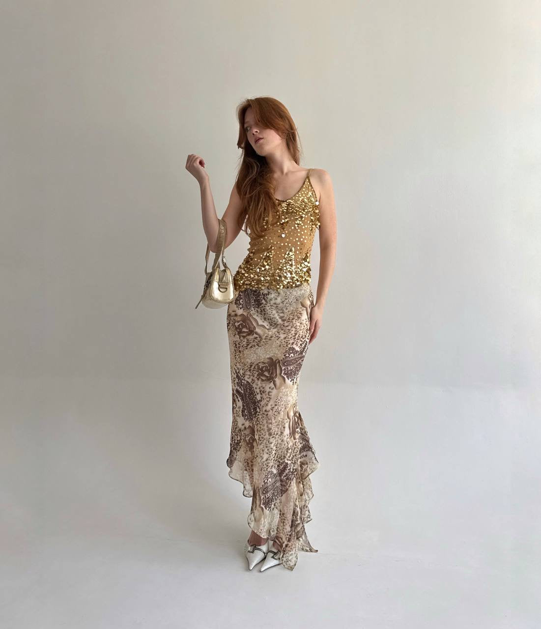 Vintage asymmetrical printed maxi skirt