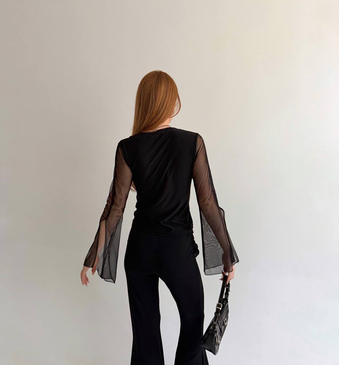 Vintage black blouse with sheer sleeves