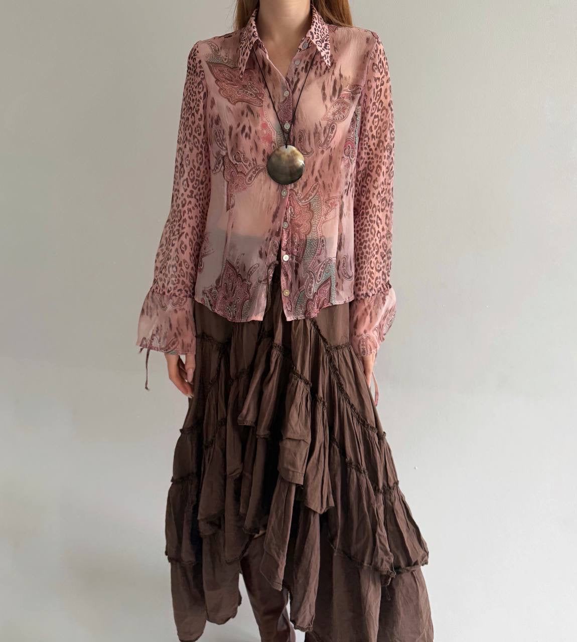 Vintage pink sheer blouse with print