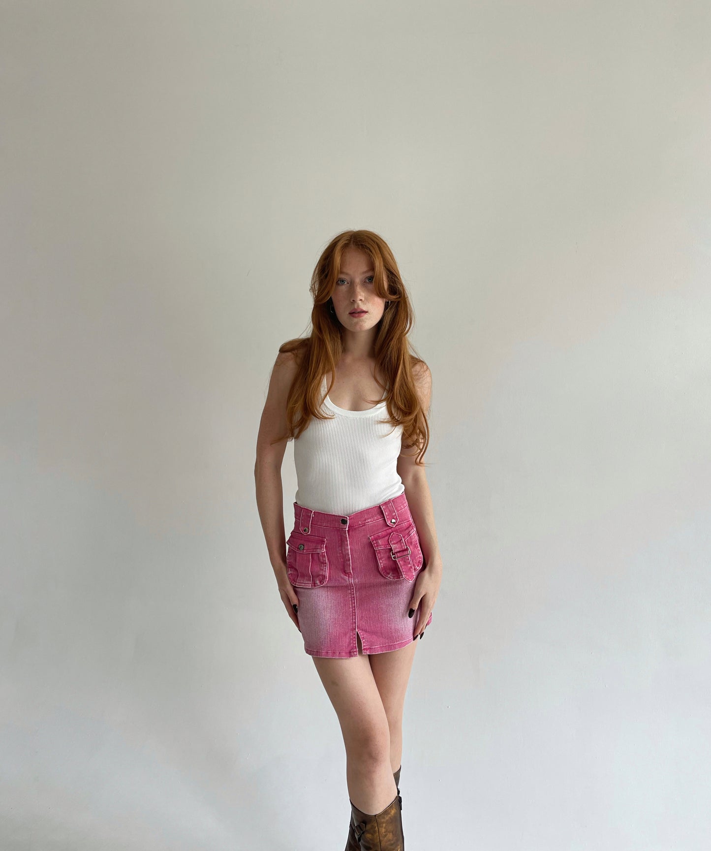 Vintage washed pink denim mini skirt