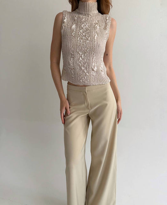 Vintage champagne satin pleated top