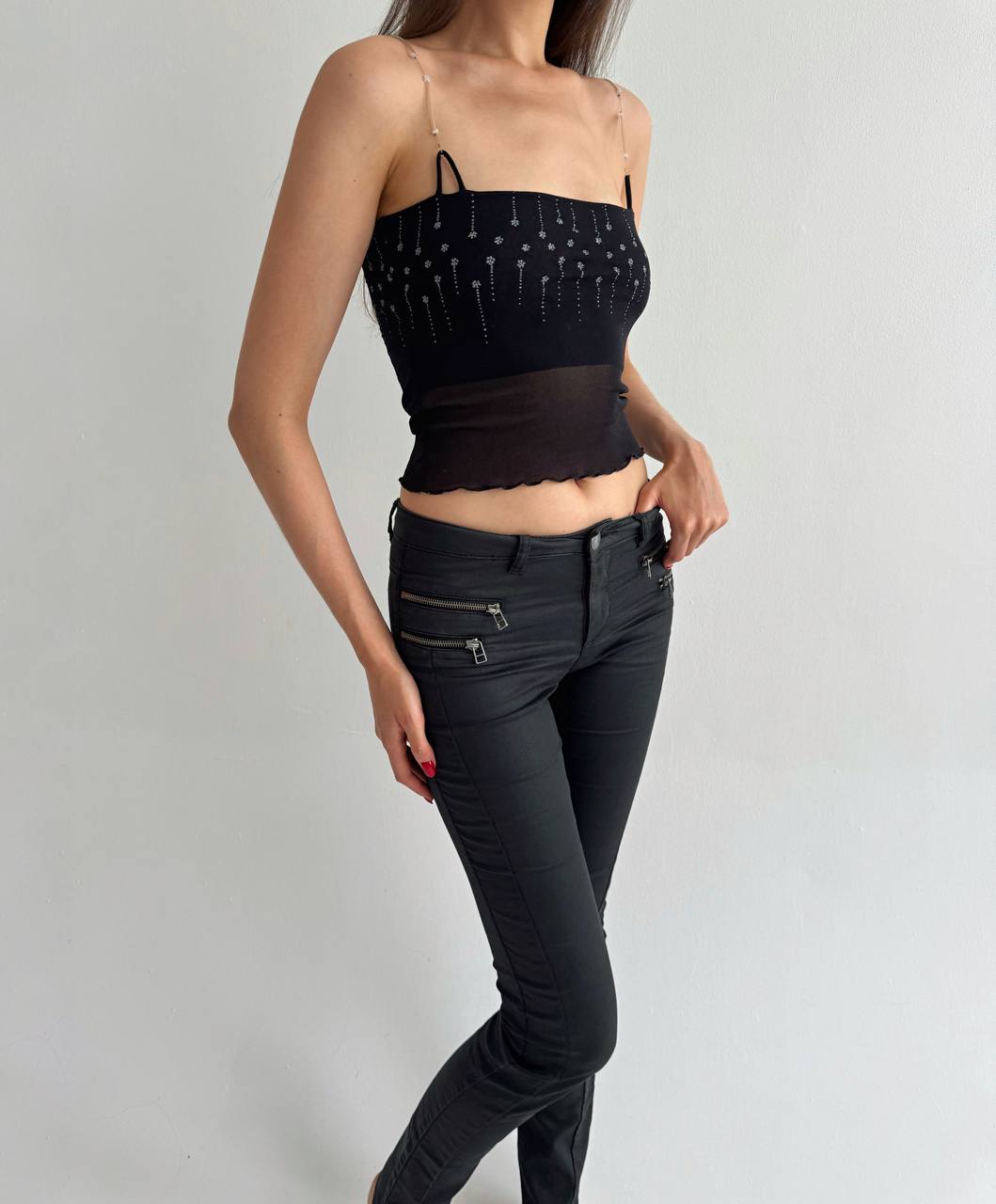 Vintage mesh black beaded straps top