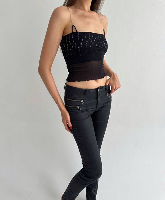 Vintage mesh black beaded straps top