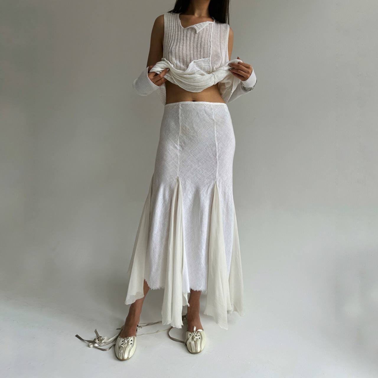 Vintage linen and silk maxi skirt in white