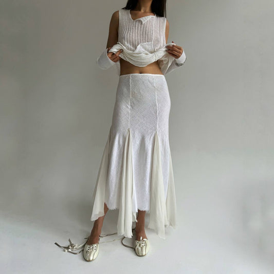 Vintage linen and silk maxi skirt in white