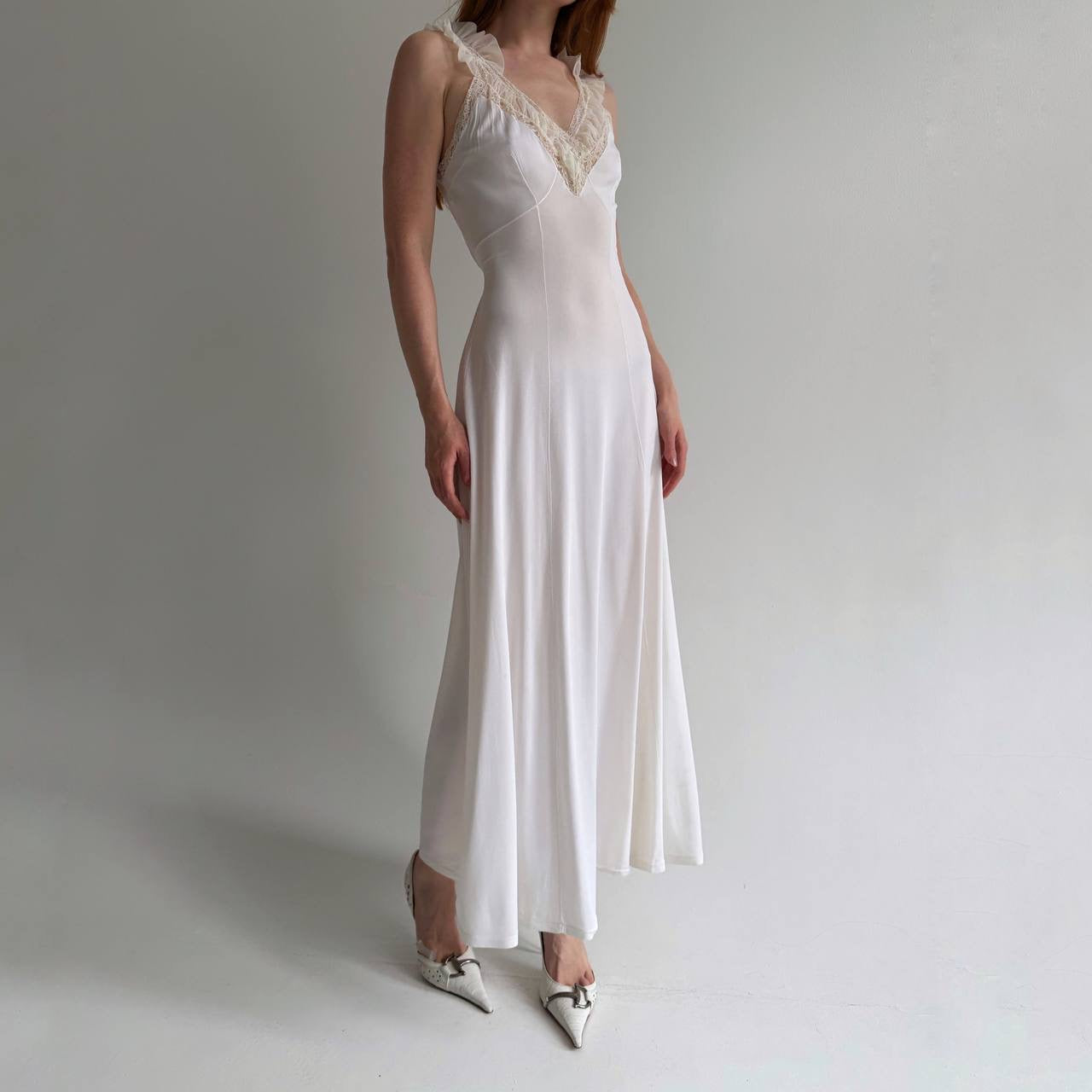 Vintage white long nighgown with lace and back tie