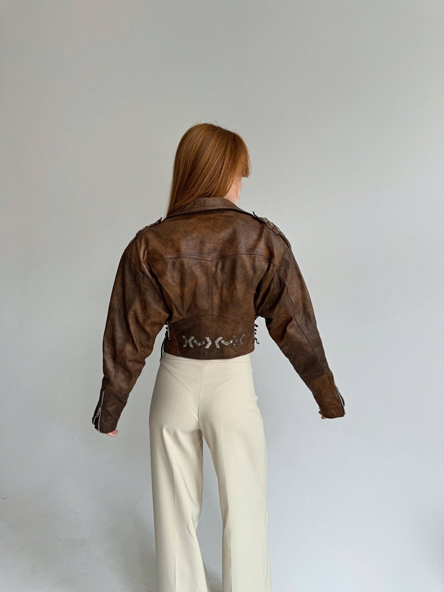 Vintage genuine leather brown waisted jacket