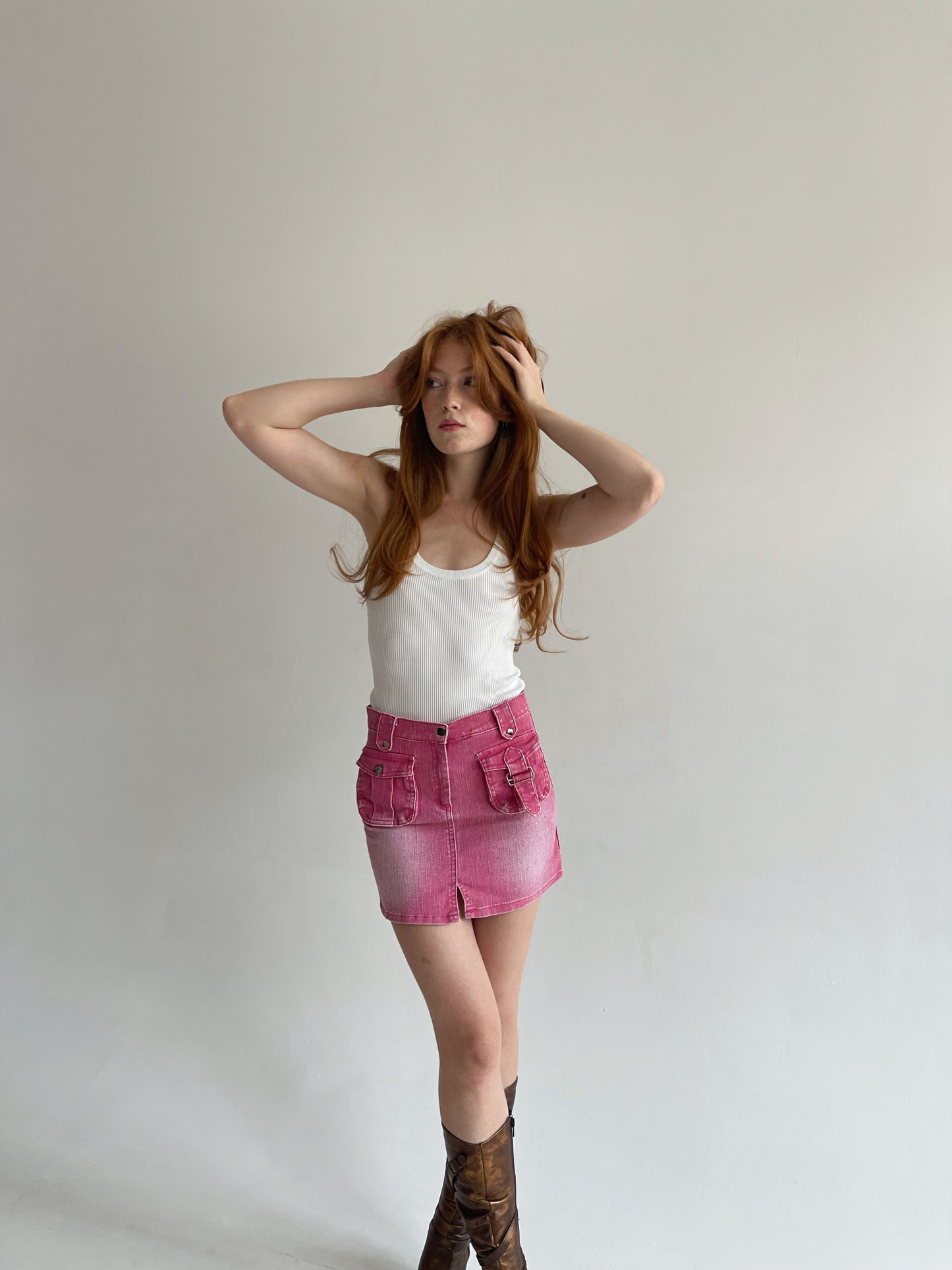 Vintage washed pink denim mini skirt