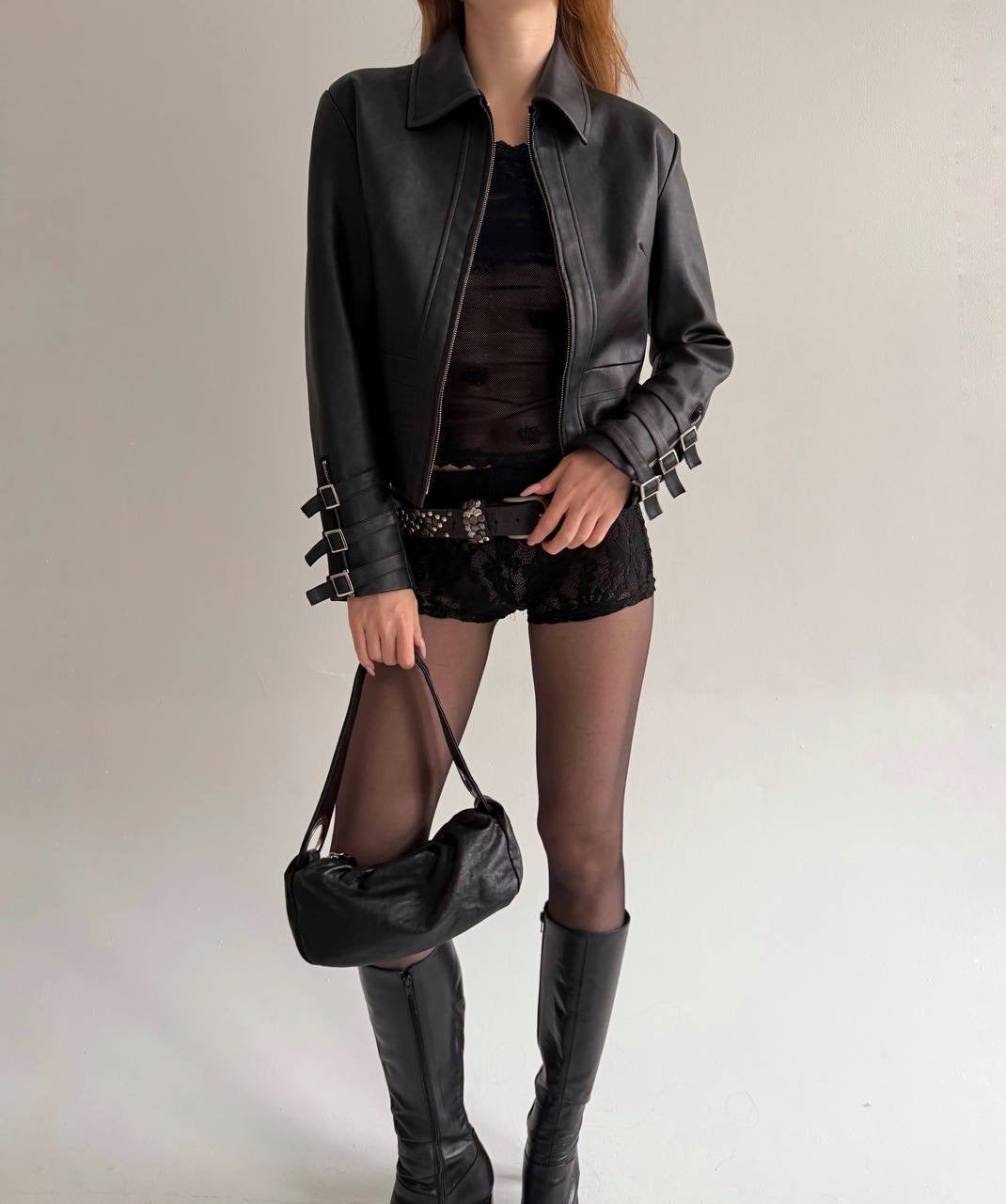 Vintage black faux leather jacket with belts