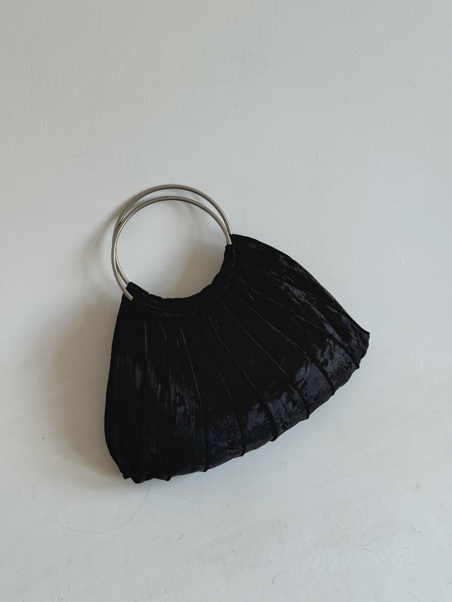 Vintage black velour gathered bag with metal steele round handle