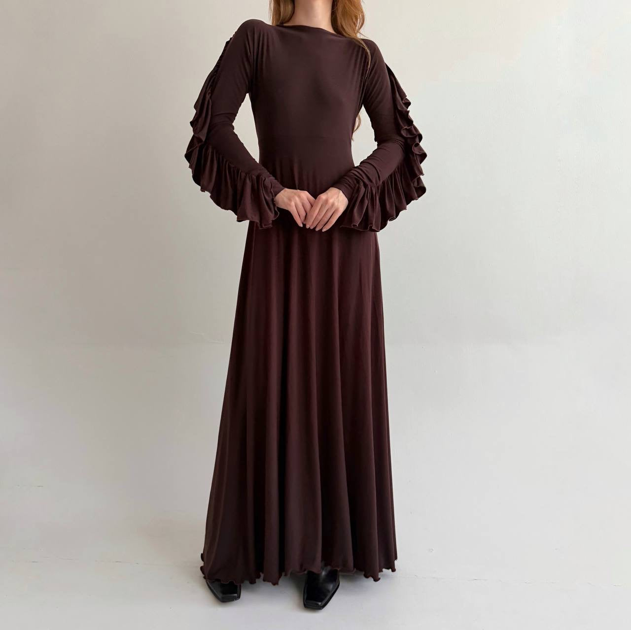 Vintage brown elastic maxi long dress