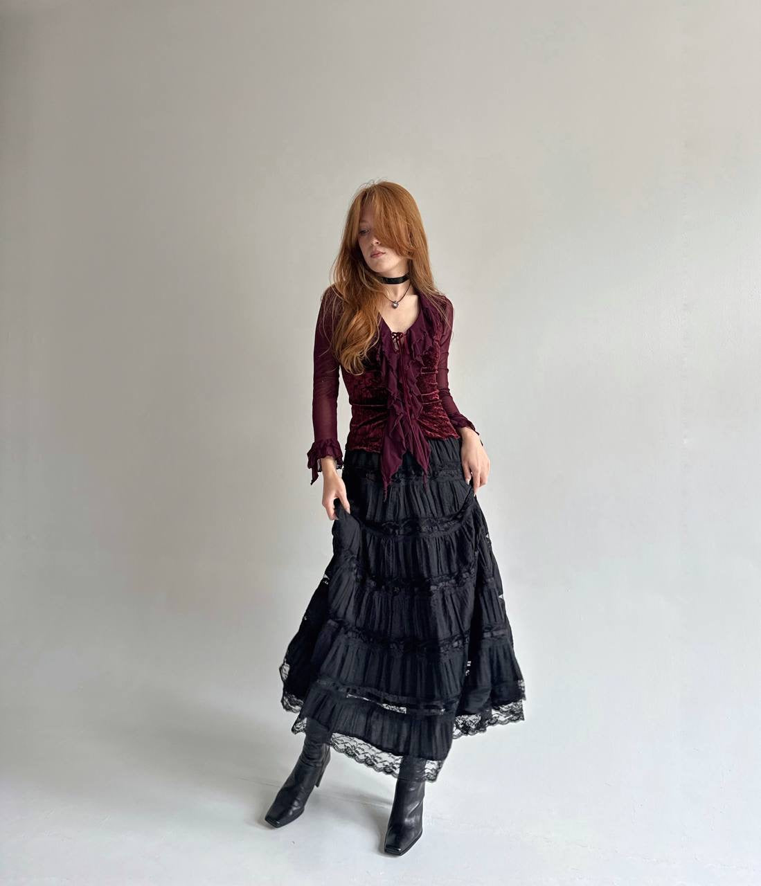 Vintage cotton maxi skirt with lace