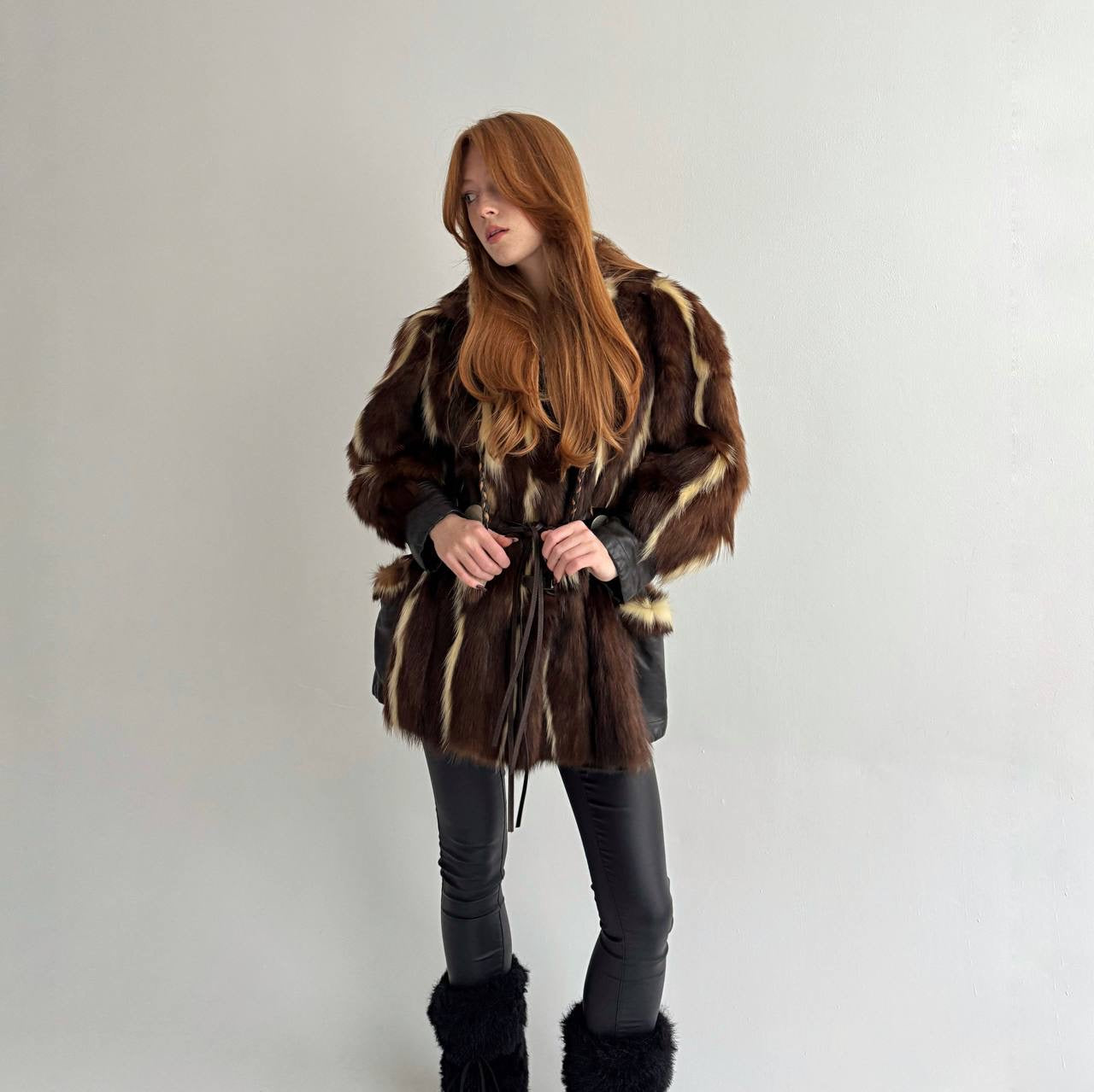 Vintage real fur coat with tortoise shell belt