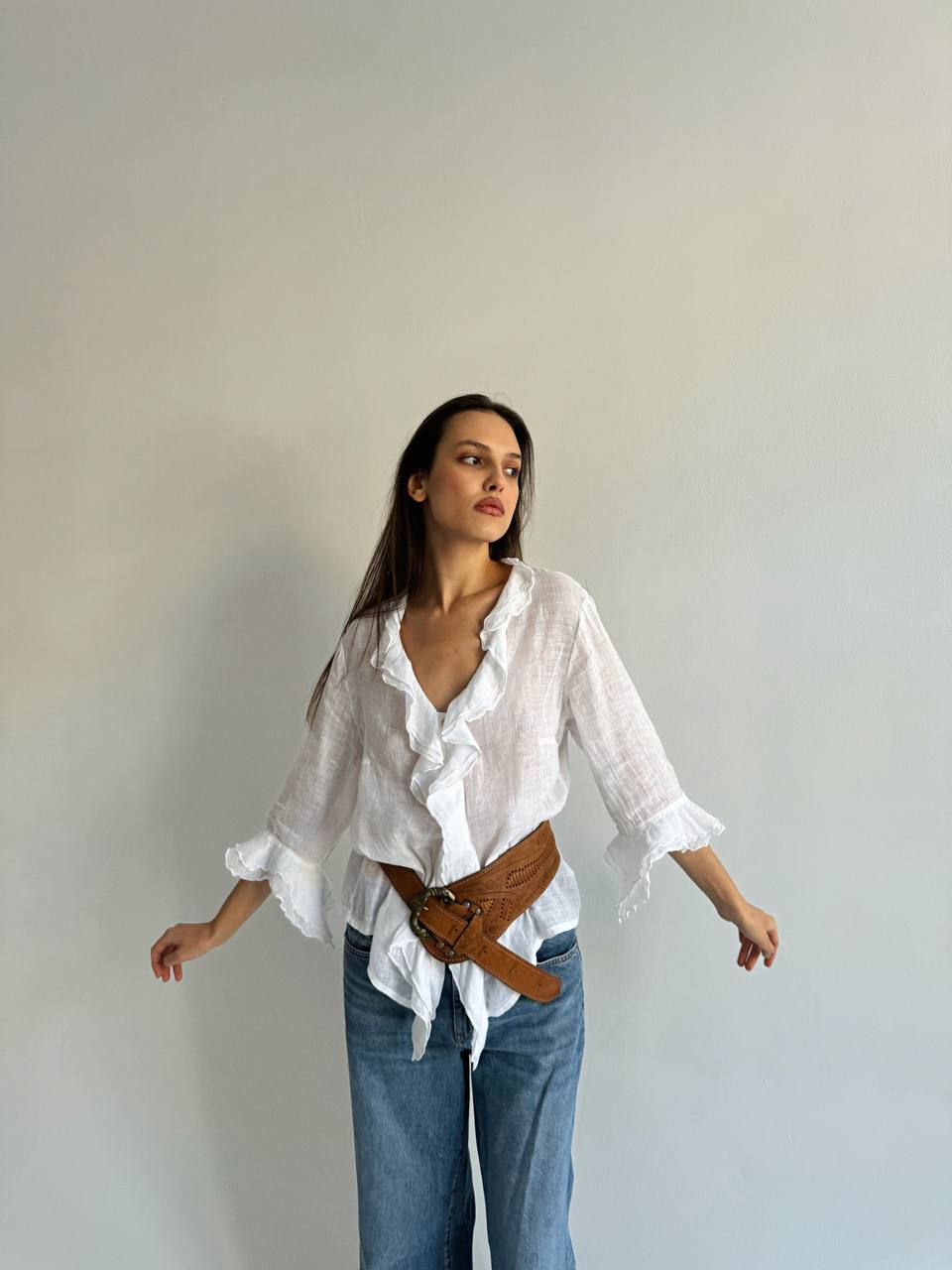 Vintage linen white blouse with ruffles