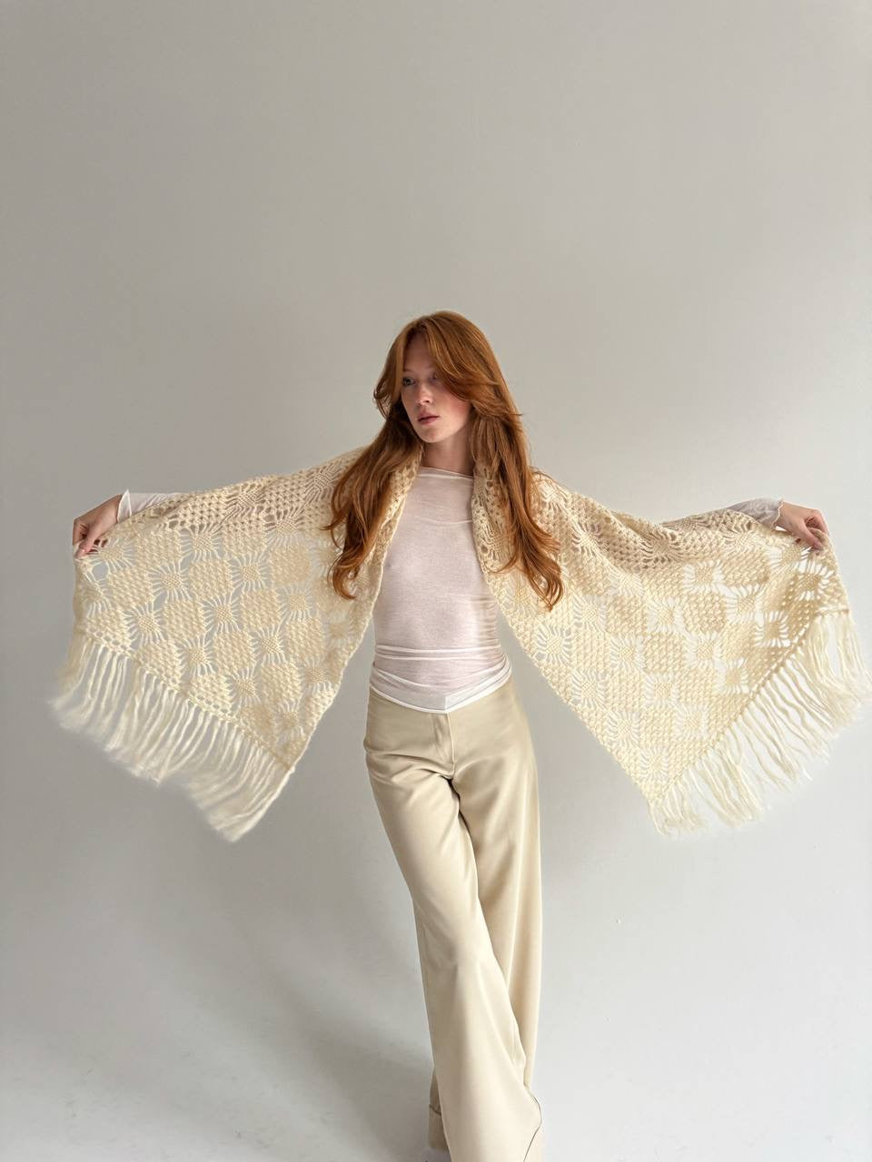 Vintage buttercream knitted wide scarf