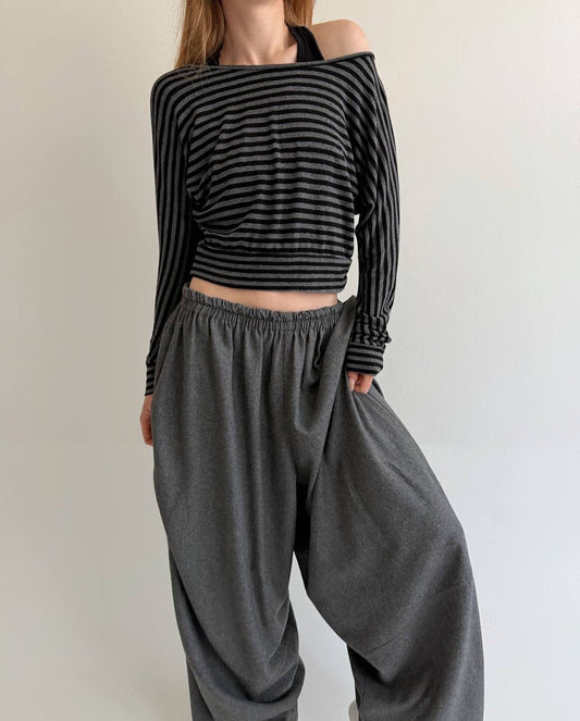 Vintage striped cropped long sleeve blouse