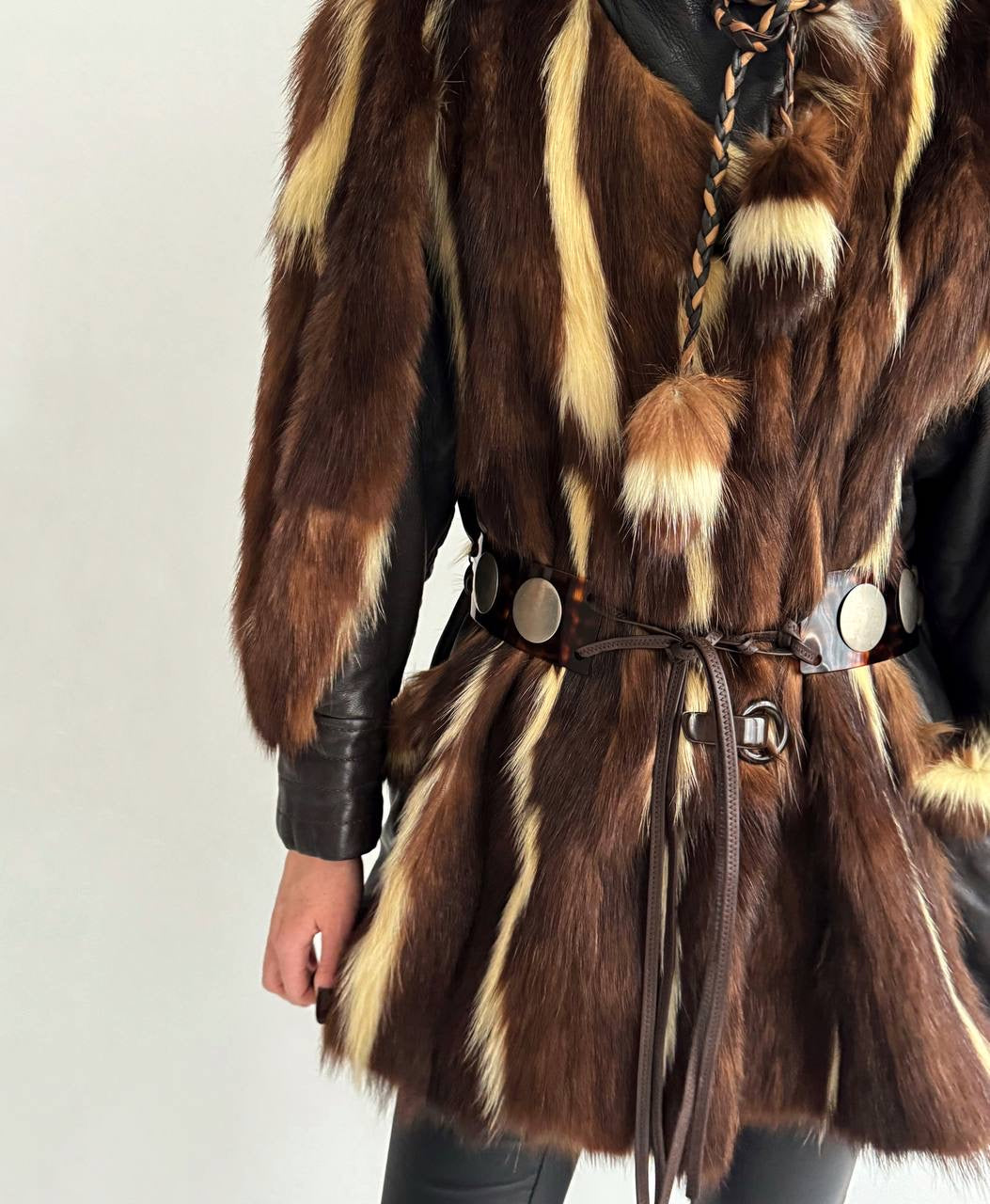 Vintage real fur coat with tortoise shell belt