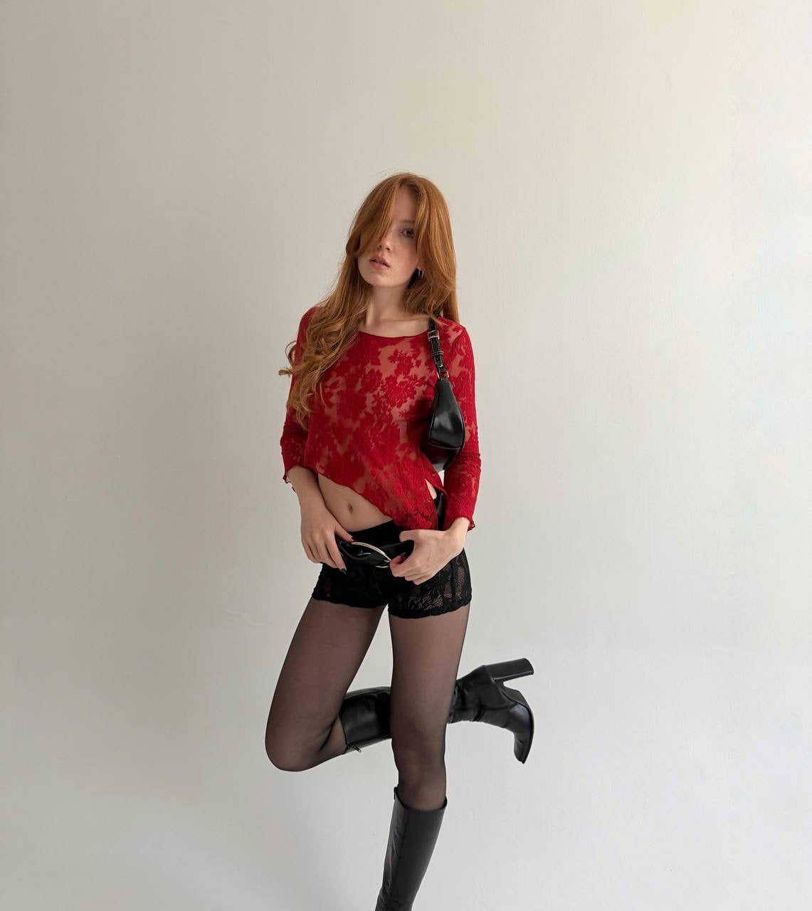 Vintage red mesh asymmetrical blouse