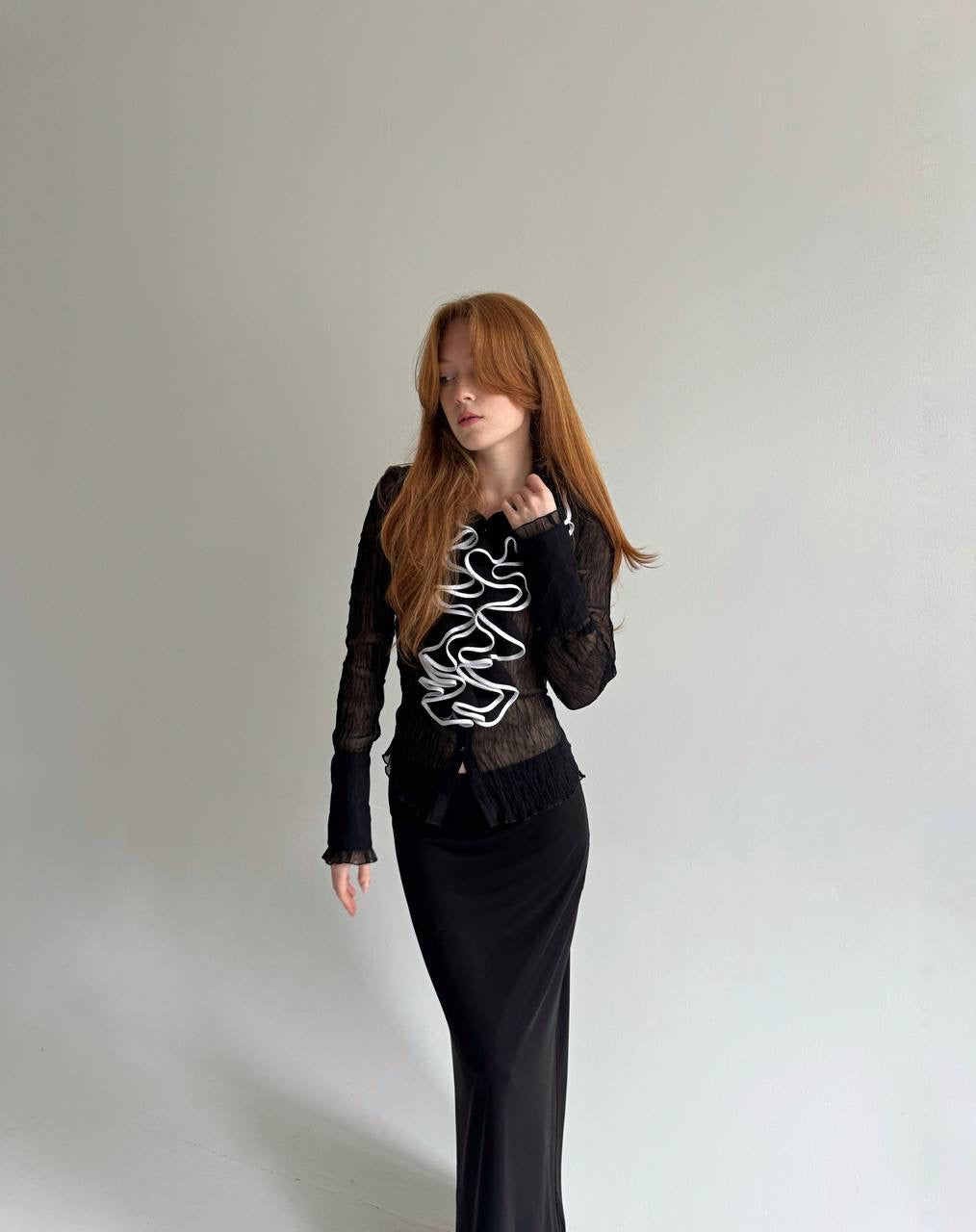 Vintage sheer pleated blouse with ruffles