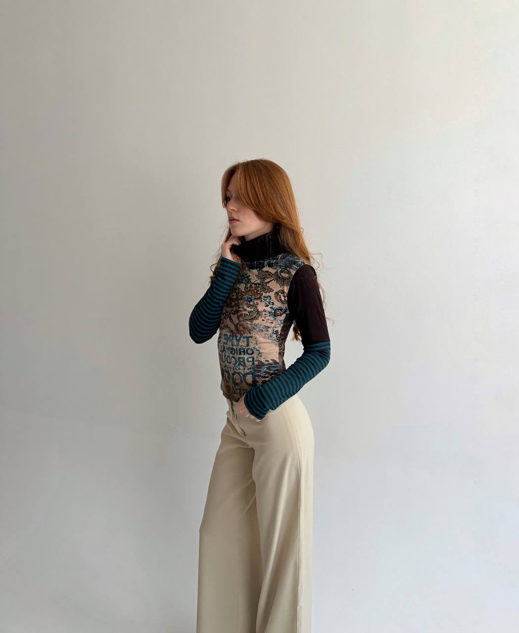 Vintage viscose printed blouse with knitted turtleneck