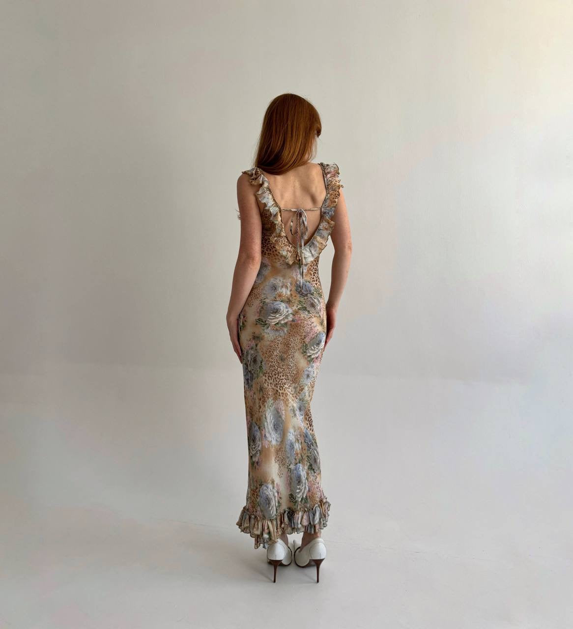 Vintage viscose long dress with leopard and flower print