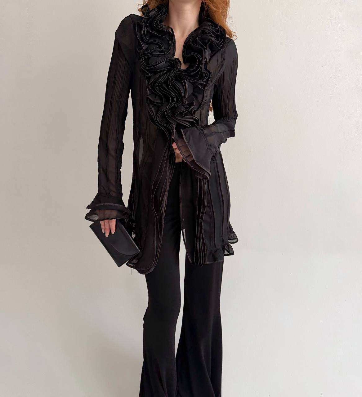 Vintage black ruffled semi sheer long blouse