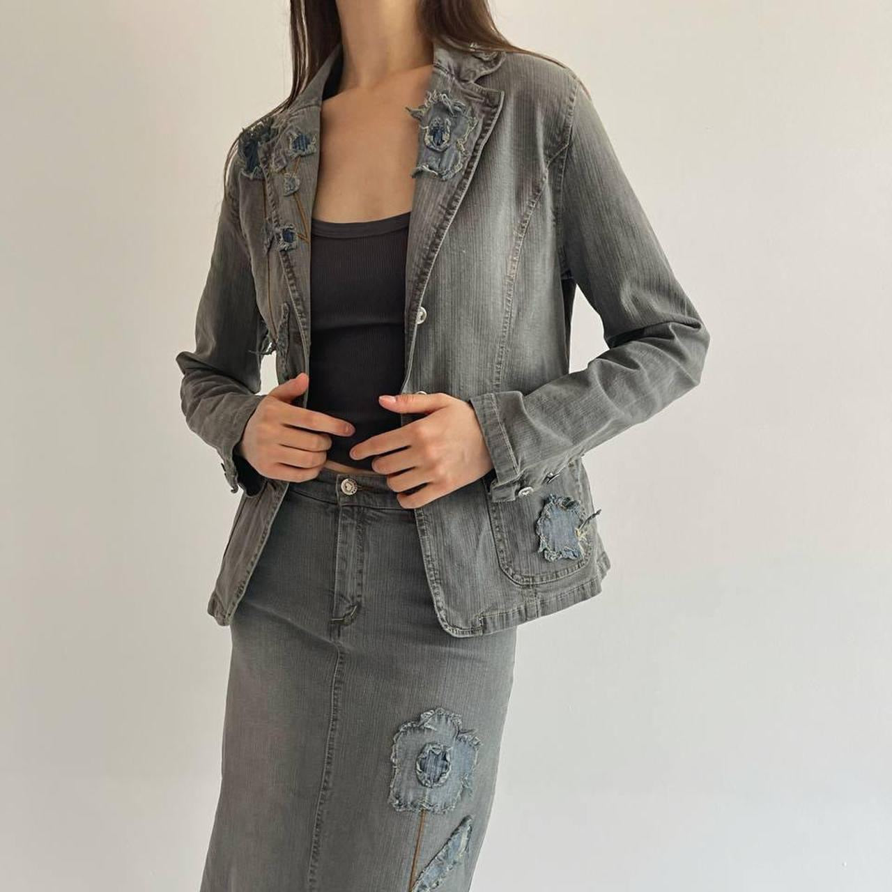 Vintage grey denim suit with appliqué flowers