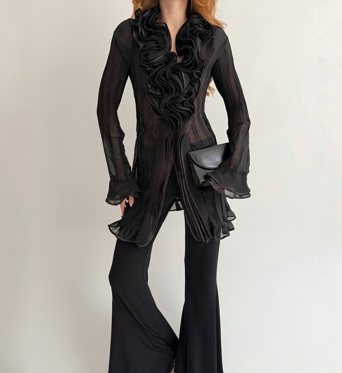 Vintage black ruffled semi sheer long blouse