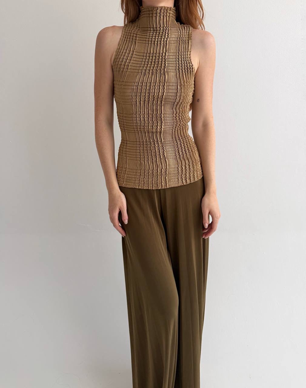 Vintage beige bronze pleated avant garde top