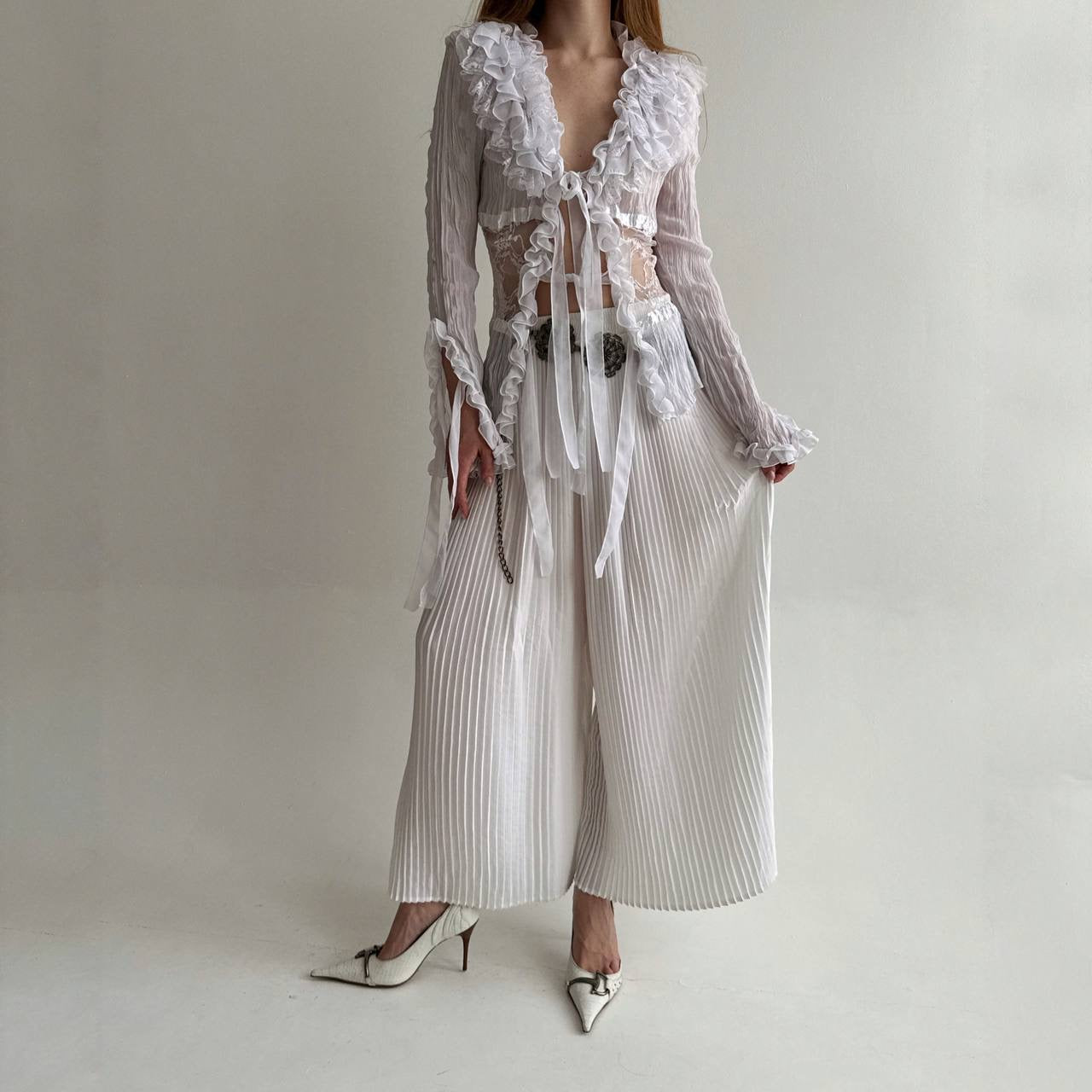 Vintage pleated white long wide pants