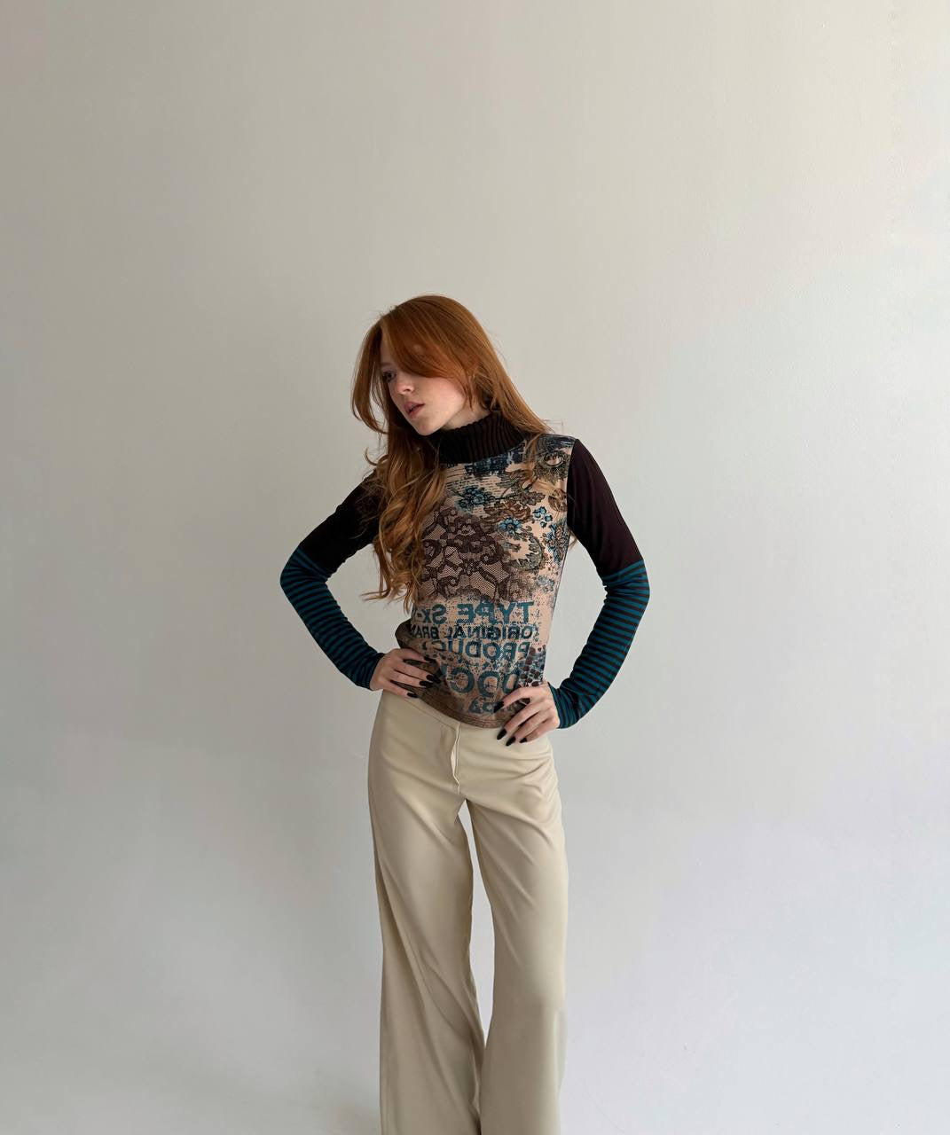 Vintage viscose printed blouse with knitted turtleneck