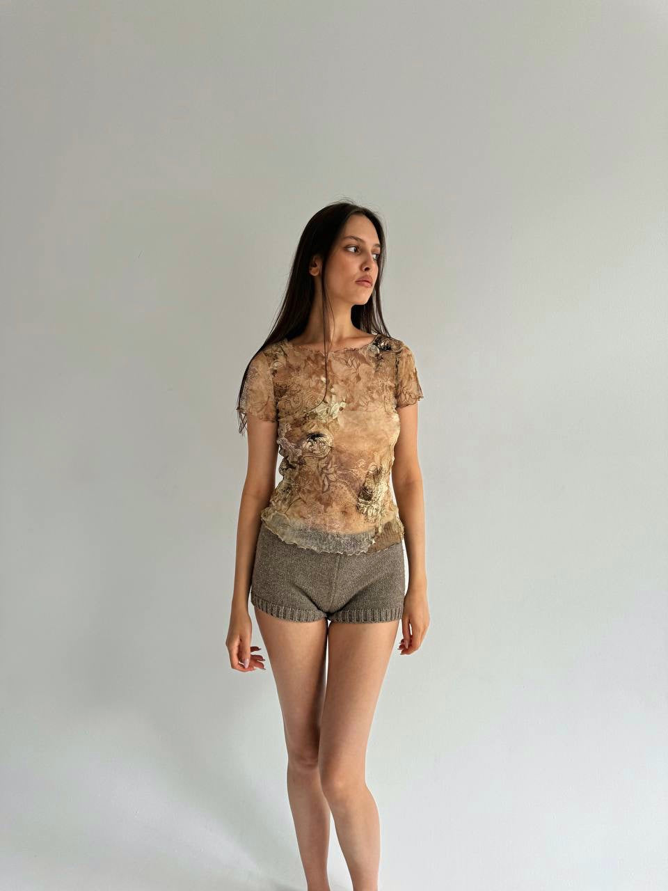 Vintage mesh flower pattern tan blouse