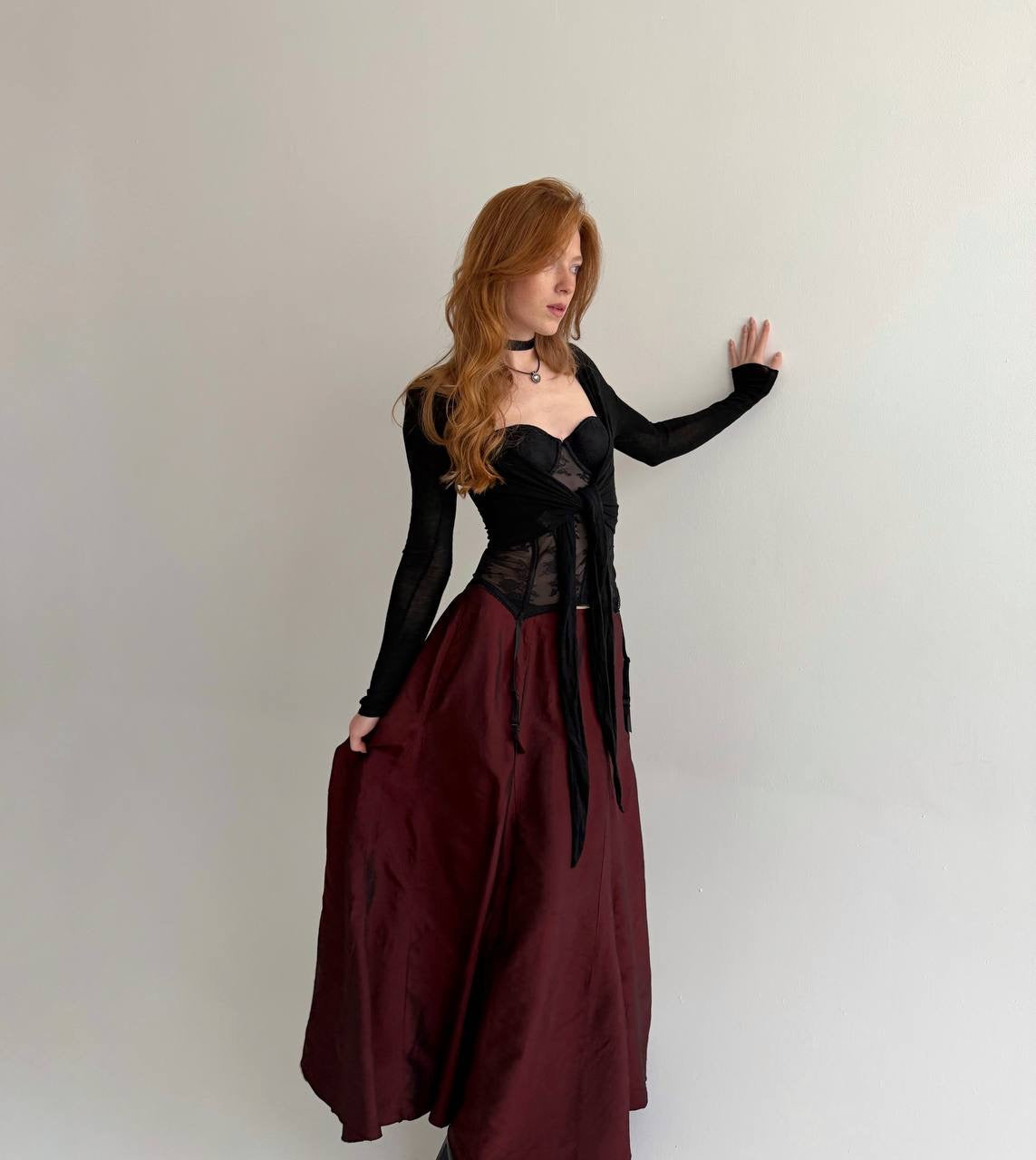 Vintage 53% viscose burgundy maxi skirt