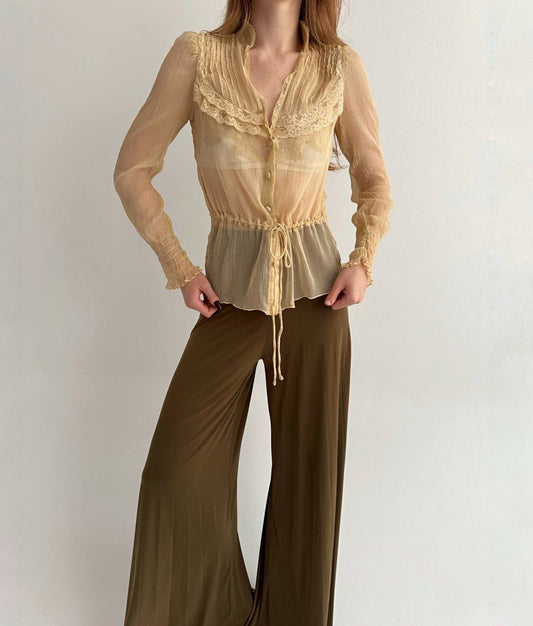 Vintage beige semi transparent blouse with lace