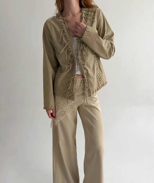 Vintage beige faux leather jacket with fringe detailing