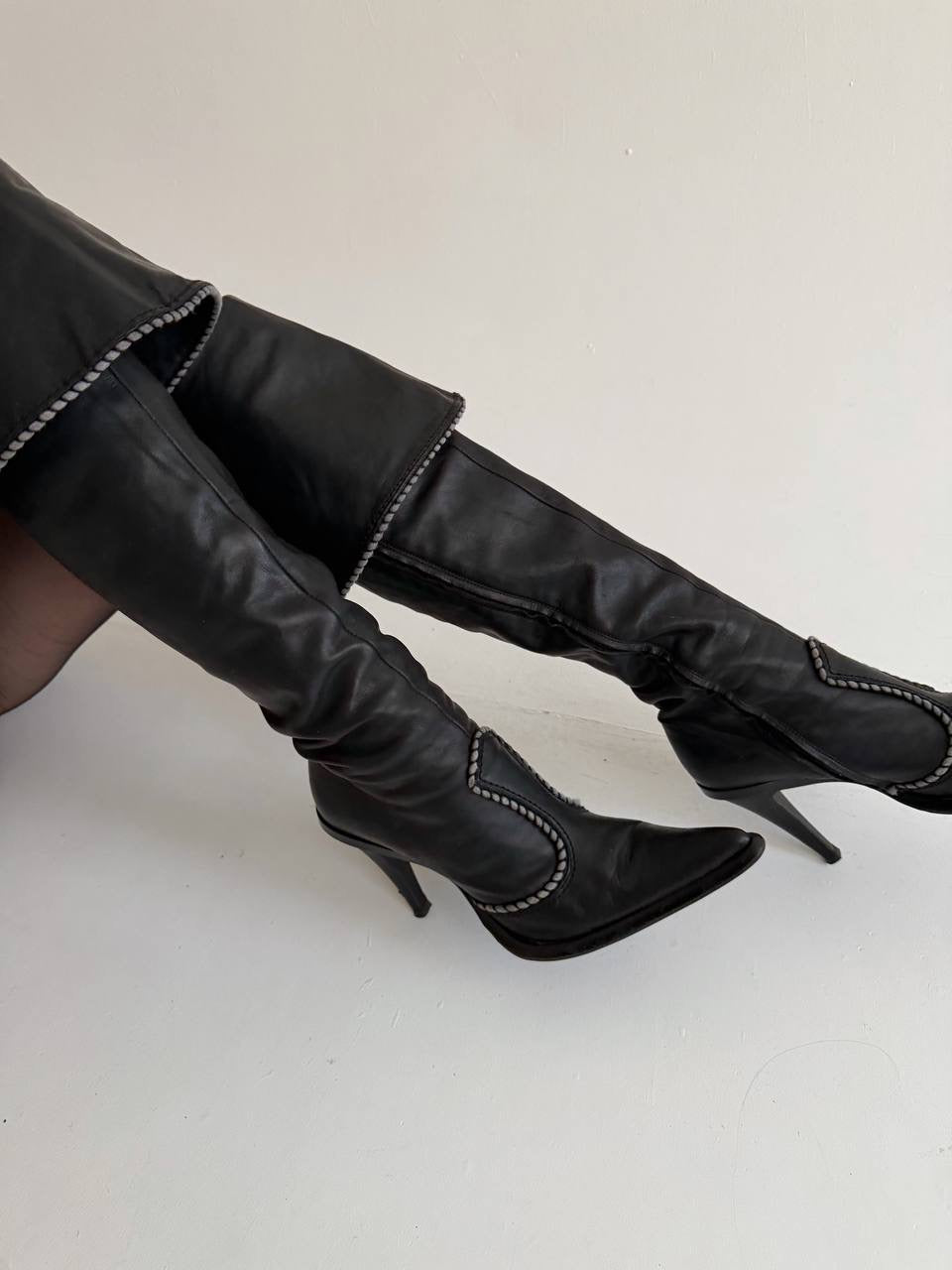 Vintage genuine leather black knee high boots