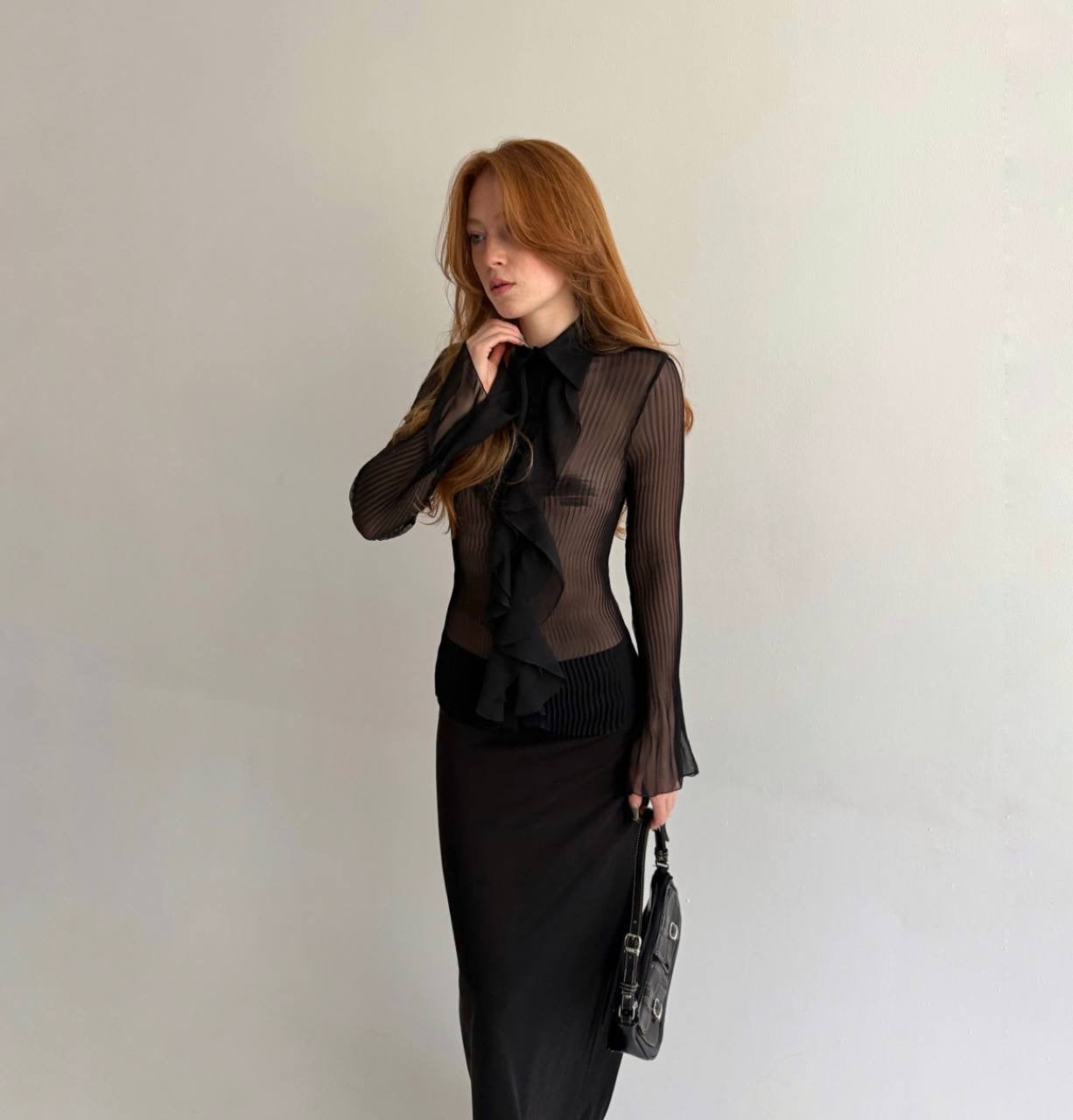 Vintage black sheer pleated blouse