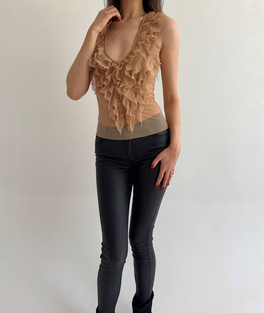 Sisley mesh embroidered ruffled top