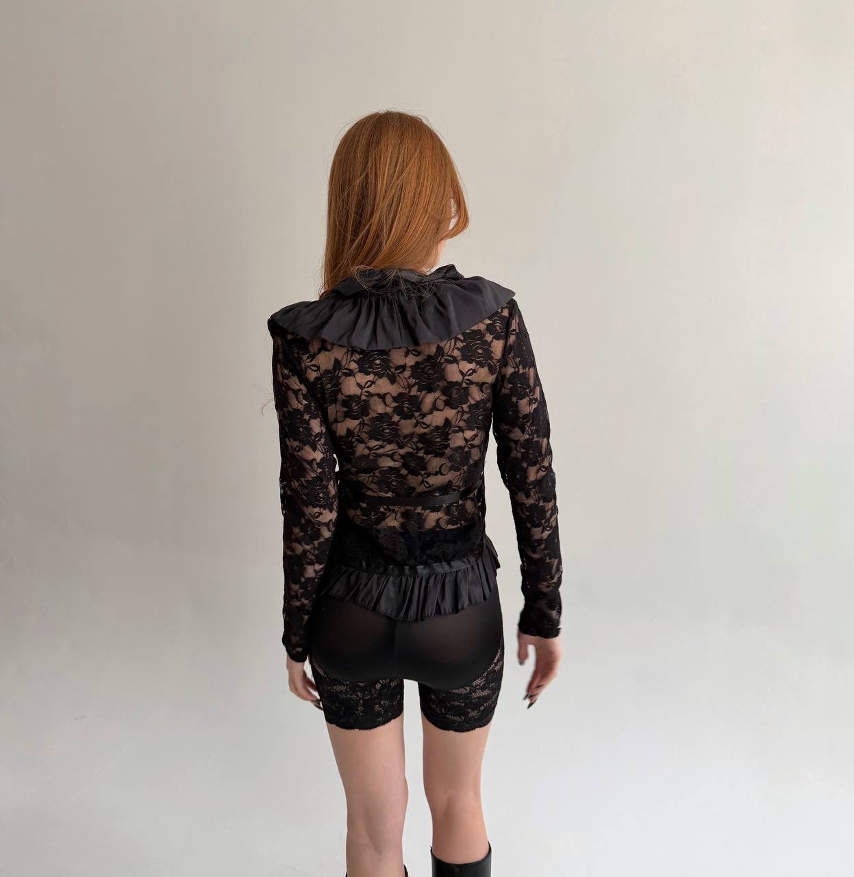 Vintage black lace blouse with ruched ruffles
