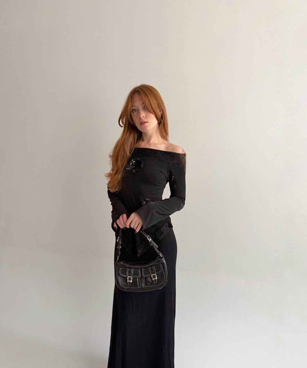 Y2K made in Italy black blouse with flower appliqué