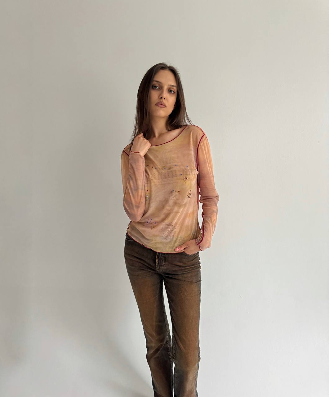 Vintage abstract mesh blouse with rhinestones