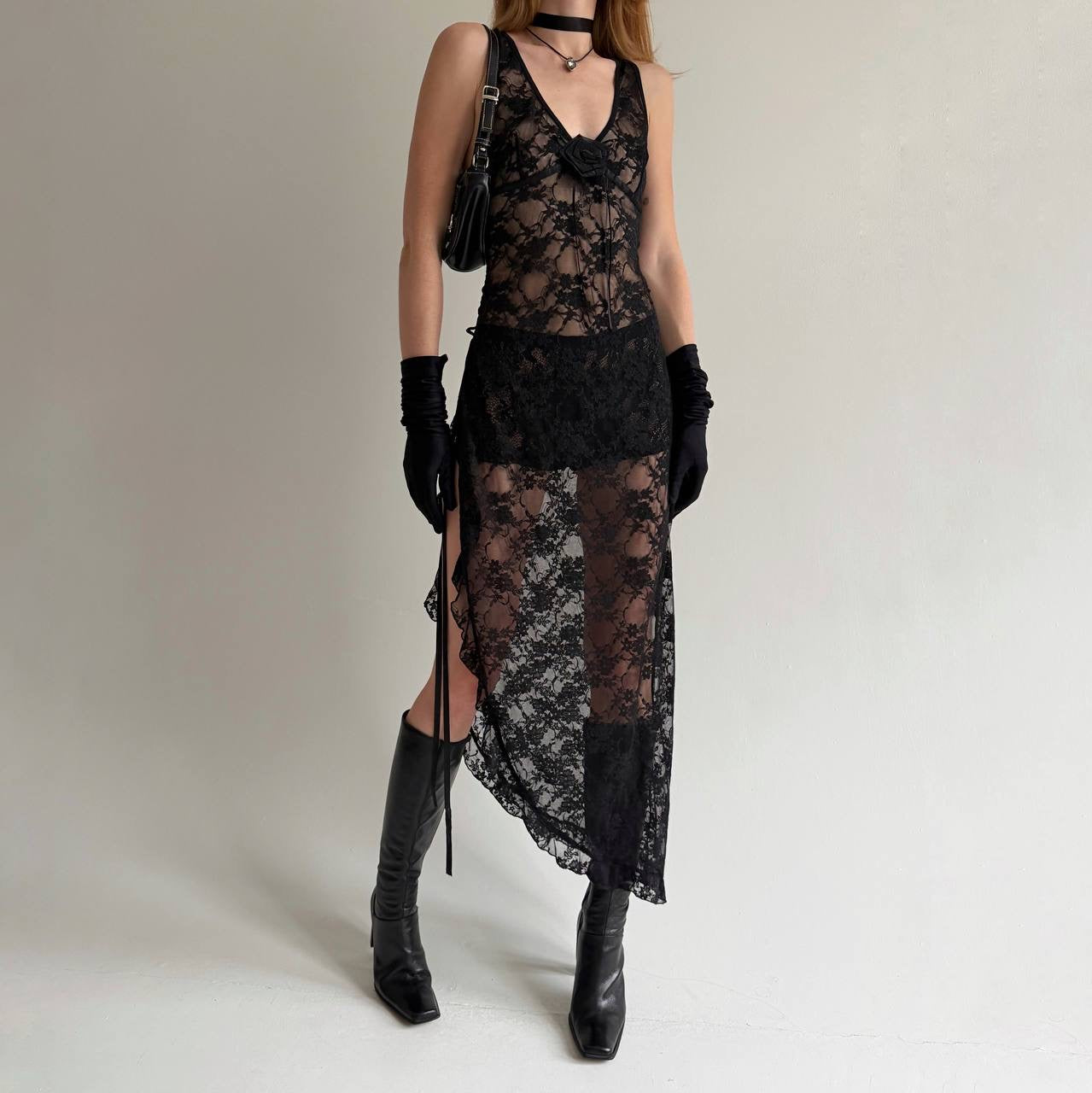 Vintage black lace asymmetrical long dress