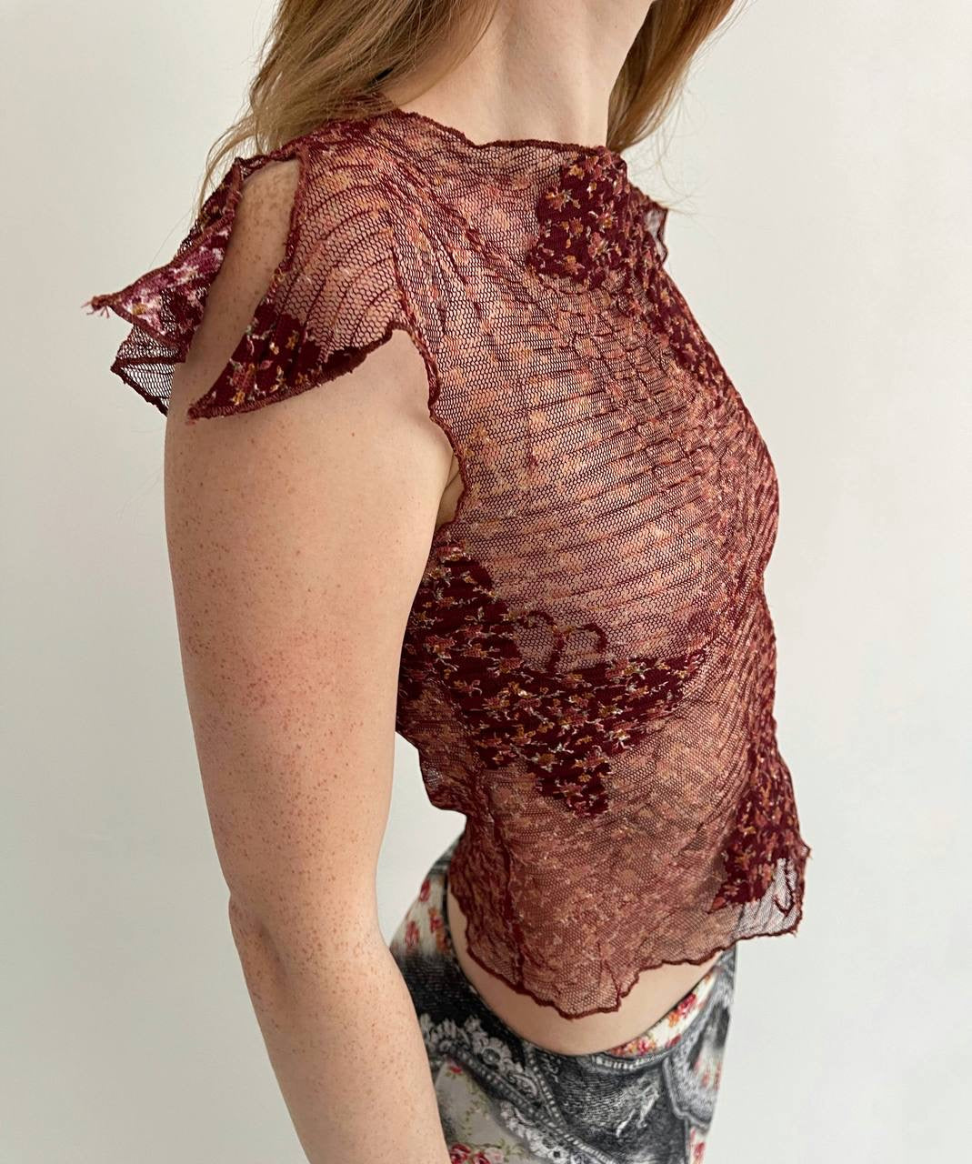 Vintage burgundy mesh asymmetrical top