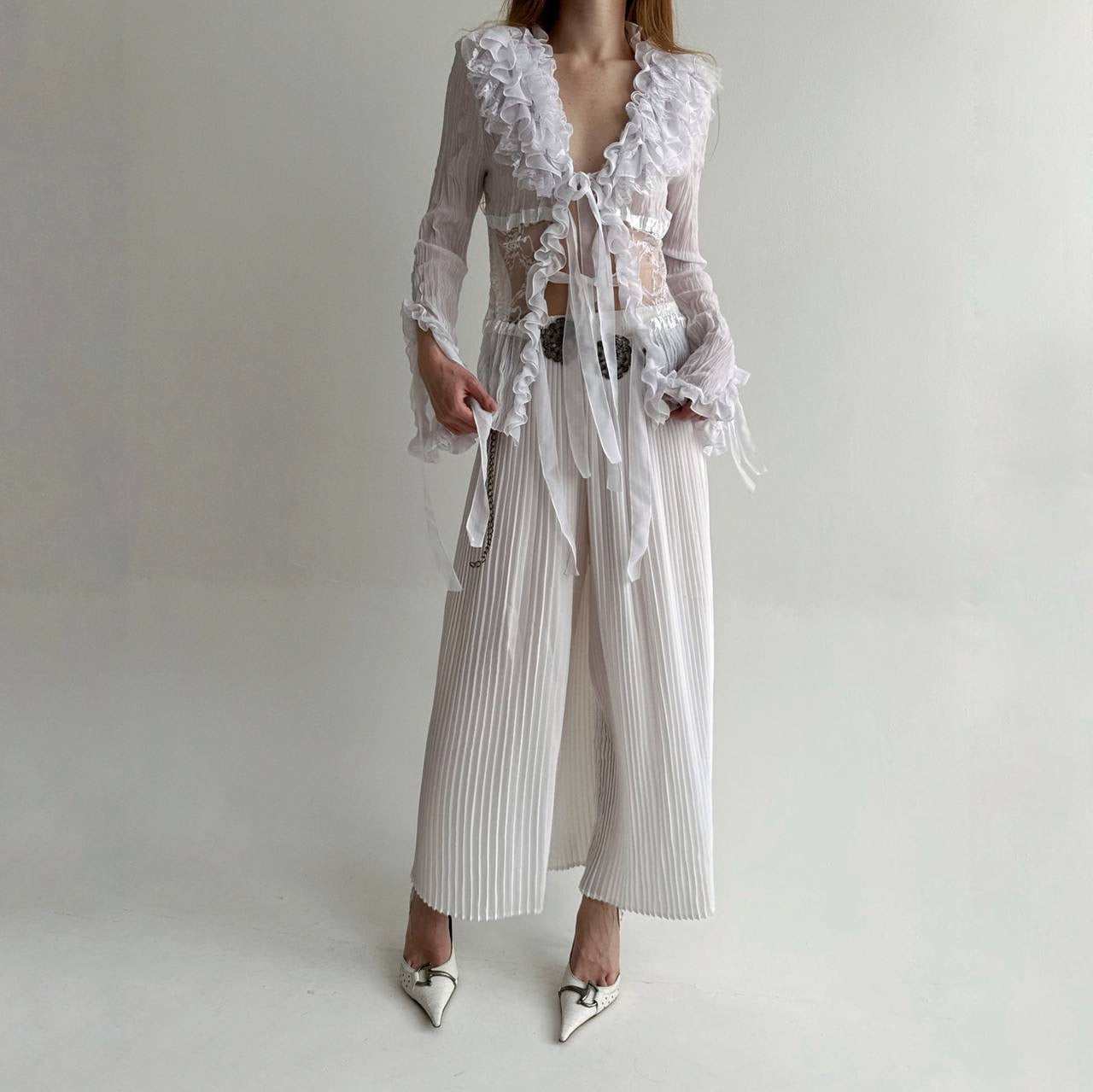 Vintage pleated white long wide pants