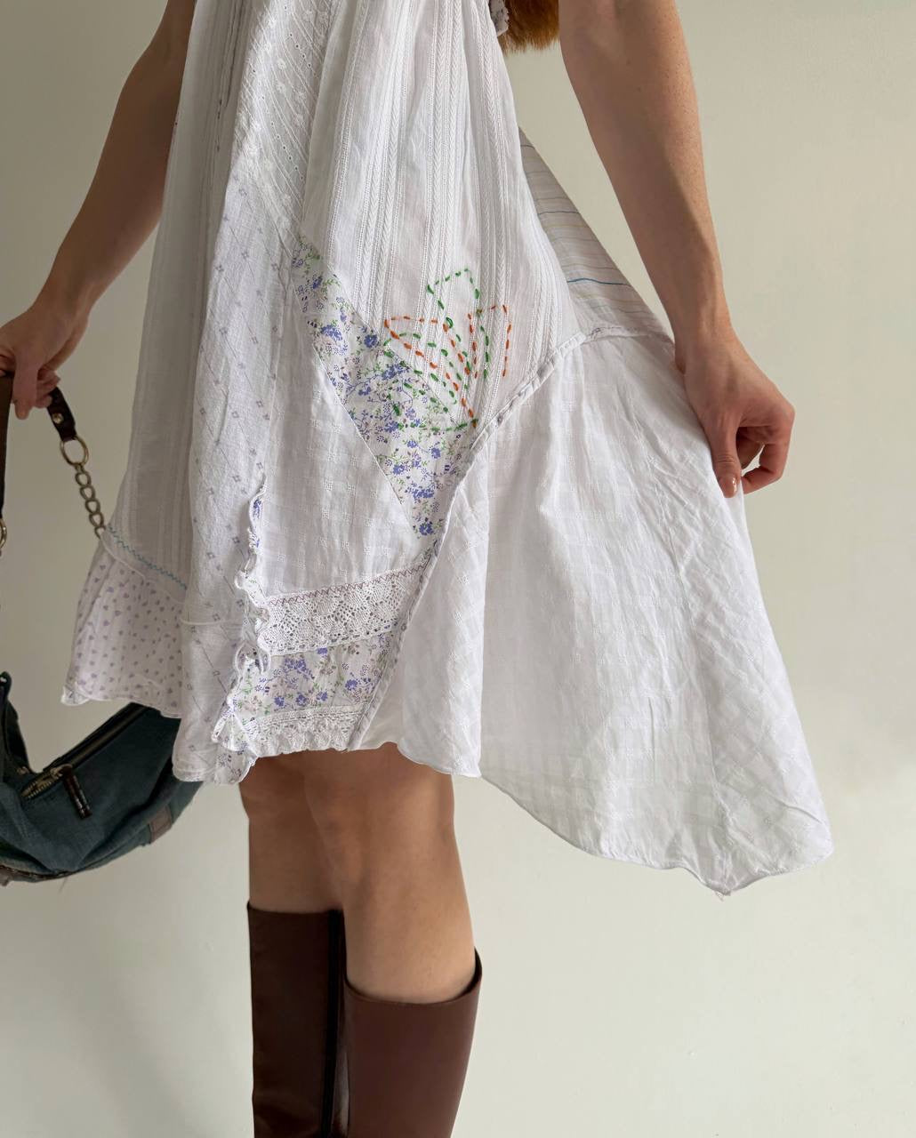 Vintage asymmetrical cotton dress with abstract embroidery