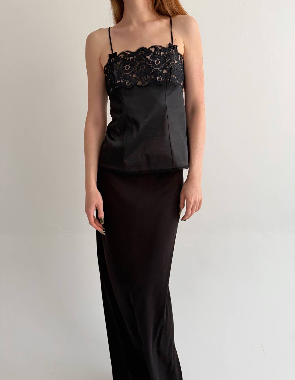 Vintage black satin camisole top with lace